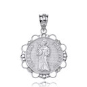 Solid White Gold Diamond Saint Anthony Pray For Us Circle Pendant Necklace