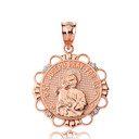 Solid Rose Gold Diamond Saint Joseph Pray for Us Circle Pendant Necklace