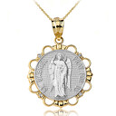 Solid Two Tone Yellow Gold Diamond Saint Gabriel Pray For Us Circle Pendant Necklace