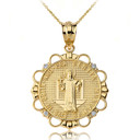 Solid Yellow Gold Diamond Saint Benito Circle Pendant Necklace