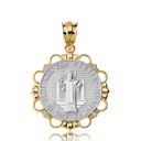 Solid Two Tone Yellow Gold Diamond Saint Benito Circle Pendant Necklace