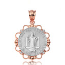 Solid Two Tone Rose Gold Diamond Saint Benito Circle Pendant Necklace