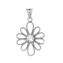 Designer Milgrain Flower Pendant Necklace in White Gold