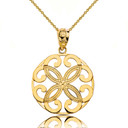 Solid Yellow Gold Openwork Floral Design  Four Petal Flower Round Pendant Necklace
