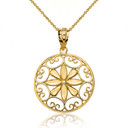 Solid Yellow Gold Sparkle Cut Floral Swirl Design Round Pendant Necklace