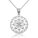Solid Yellow Gold Sparkle Cut Floral Swirl Design Round Pendant Necklace