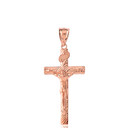 Solid Rose Gold INRI Jesus of Nazareth Crucifix with Wooden Texture Pendant Necklace (Large)