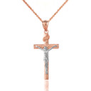 Solid Two Tone Rose Gold INRI Jesus of Nazareth Crucifix with Wooden Texture Pendant Necklace (Medium)