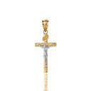 Solid Two Tone Yellow Gold INRI Jesus of Nazareth Crucifix with Wooden Texture Pendant Necklace (Small)