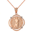 Solid Rose Gold Saint Andrew Pray For Us Diamond Circular Frame Pendant Necklace