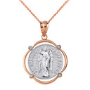 Solid Two Tone Rose Gold Saint Gabriel Pray For Us Diamond Circular Frame Pendant Necklace