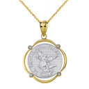 Solid Two Tone Yellow Gold Saint Michael Pray For Us Diamond Circular Frame Pendant Necklace