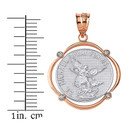 Solid Two Tone Rose Gold Saint Michael Pray For Us Diamond Circular Frame Pendant Necklace