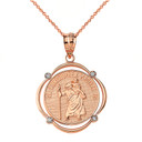 Solid Rose Gold Saint Christopher Protect Us Diamond Circular Frame Pendant Necklace