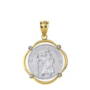 Solid Two Tone Yellow Gold Saint Christopher Protect Us Diamond Circular Frame Pendant Necklace