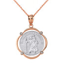 Solid Two Tone Rose Gold Saint Christopher Protect Us Diamond Circular Frame Pendant Necklace