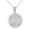 Solid White Gold Our Lady of Guadalupe Pray For Us Diamond Circular Frame Pendant Necklace