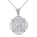 Solid White Gold Saint George Pray For Us Diamond Circular Frame Pendant Necklace