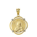 Solid Yellow Gold Saint Nectarios Diamond Circular Frame Pendant Necklace