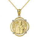 Solid Yellow Gold Saint Patrick Diamond Circular Frame Pendant Necklace