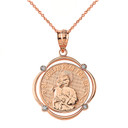 Solid Rose Gold Saint Joseph Pray For Us Diamond Circular Frame Pendant Necklace