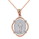 Solid Two Tone Rose Gold Saint Andrew Pray For Us Diamond Oval Frame Pendant Necklace