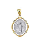 Solid Two Tone Yellow Gold Saint Benito Diamond Oval Frame Pendant Necklace
