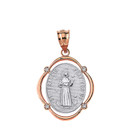 Solid Two Tone Rose Gold Saint Francis Pray For Us Diamond Oval Frame Pendant Necklace