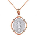 Solid Two Tone Rose Gold Saint Gabriel Diamond Oval Frame Pendant Necklace