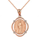 Solid Rose Gold Saint Peter Pray For Us Diamond Oval Frame Pendant Necklace