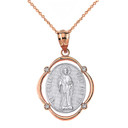 Solid Two Tone Rose Gold Saint Peter Pray For Us Diamond Oval Frame Pendant Necklace