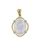 Solid Two Tone Yellow Gold Santa Muerte Diamond Oval Frame Pendant Necklace