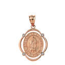 Solid Rose Gold Our Lady of Guadalupe Pray For Us Diamond Oval Frame Pendant Necklace