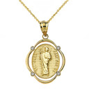 Solid Yellow Gold Saint Jude Pray For Us Diamond Oval Frame Pendant Necklace