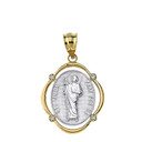 Solid Two Tone Yellow Gold Saint Jude Pray For Us Diamond Oval Frame Pendant Necklace