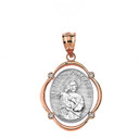 Solid Two Tone Rose Gold Saint Joseph Pray For Us Diamond Oval Frame Pendant Necklace