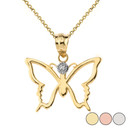 Solid Gold Butterfly Outline Solitaire Pendant Necklace (Available in Yellow/Rose/White Gold)