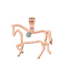 Solid Rose Gold Horse Outline Solitaire Equestrian Pendant Necklace