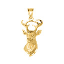 Textured Buck Deer Head Pendant Necklace in Gold (Yellow/Rose/White)