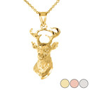 Textured Buck Deer Head Pendant Necklace in Gold (Yellow/Rose/White)