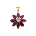 Genuine Ruby and Diamond Daisy Pendant Necklace In Yellow Gold