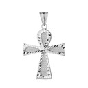 White Gold Diamond Cut Egyptian Ankh Cross Textured Pendant