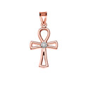 Diamond Outline Egyptian Ankh Cross Pendant Necklace in Rose Gold