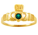 14K Gold Claddagh Ring with CZ Emerald Heart