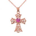 Personalized Birthstone  Filigree Cross Pendant Necklace in Rose Gold