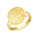 Split Shank Flower of Life Design Disc Rope Ring in Gold