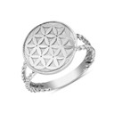 Split Shank Flower of Life Design Disc Rope Ring in .925 Sterling Silver