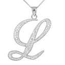 Sterling Silver Cursive Letter Script "L" CZ Initial Pendant Necklace