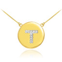 14k Yellow Gold "T" Initial Diamond Disc Double-Mount Necklace.

9 diamonds total approximate weight: 0.12 ct

Diamond clarity: SI1-2

Diamond color: G-H

14k Pendant weight: 1.5 grams

14k Double-mount necklace weight (including weight of pendant and depending on chain length) is approximately 2.5 grams.