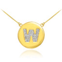 14k Yellow Gold "W" Initial Diamond Disc Double-Mount Necklace.

19 diamonds total approximate weight: 0.25 ct

Diamond clarity: SI1-2

Diamond color: G-H

14k Pendant weight: 1.5 grams

14k Double-mount necklace weight (including weight of pendant and depending on chain length) is approximately 2.5 grams.
